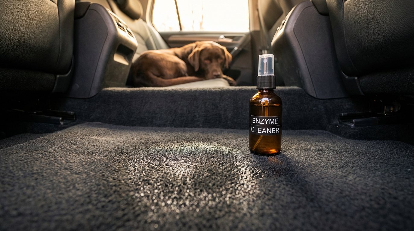 Enzyme cleaner bottle on car carpet near dog, addressing dog pee smell