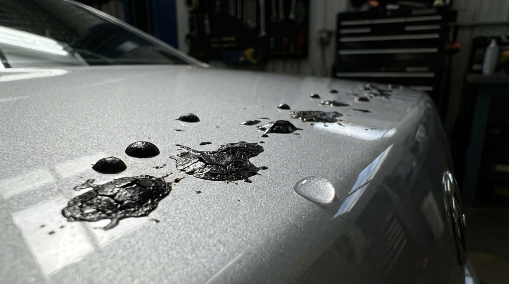 Road tar splatters on a silver car hood, ready for removal.