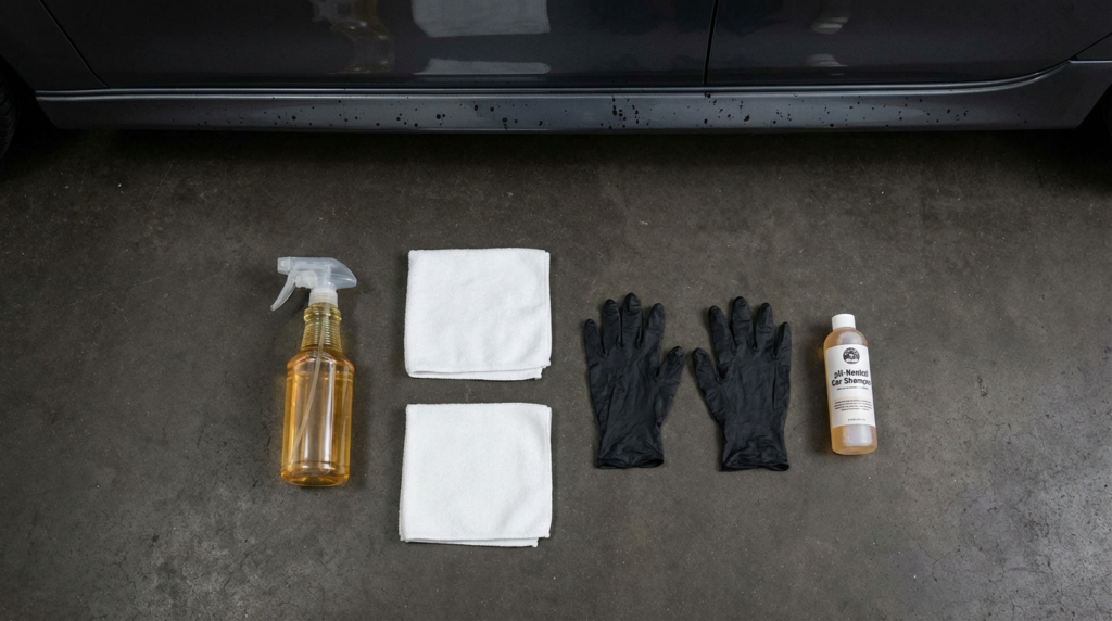 Car washing supplies: spray bottle, microfiber towels, gloves, car shampoo