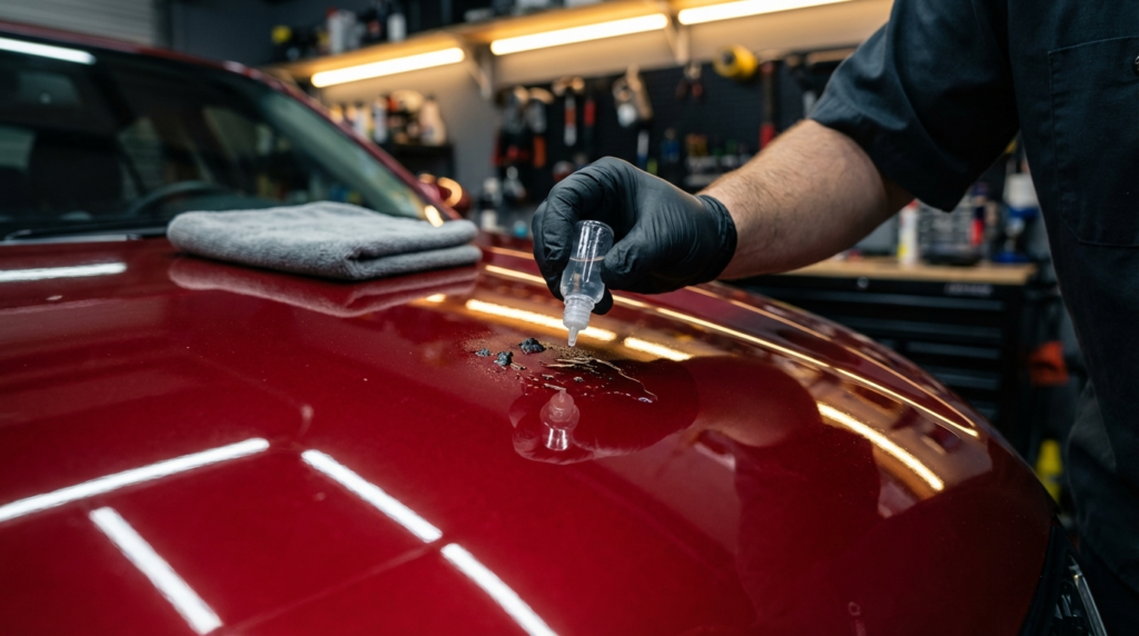 Person in black gloves applying petroleum distillate to remove road tar from red car hood.