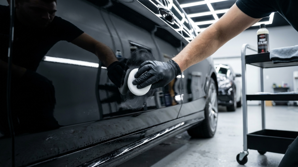 Detailer applies petroleum distillate to remove road tar from black car clear coat.