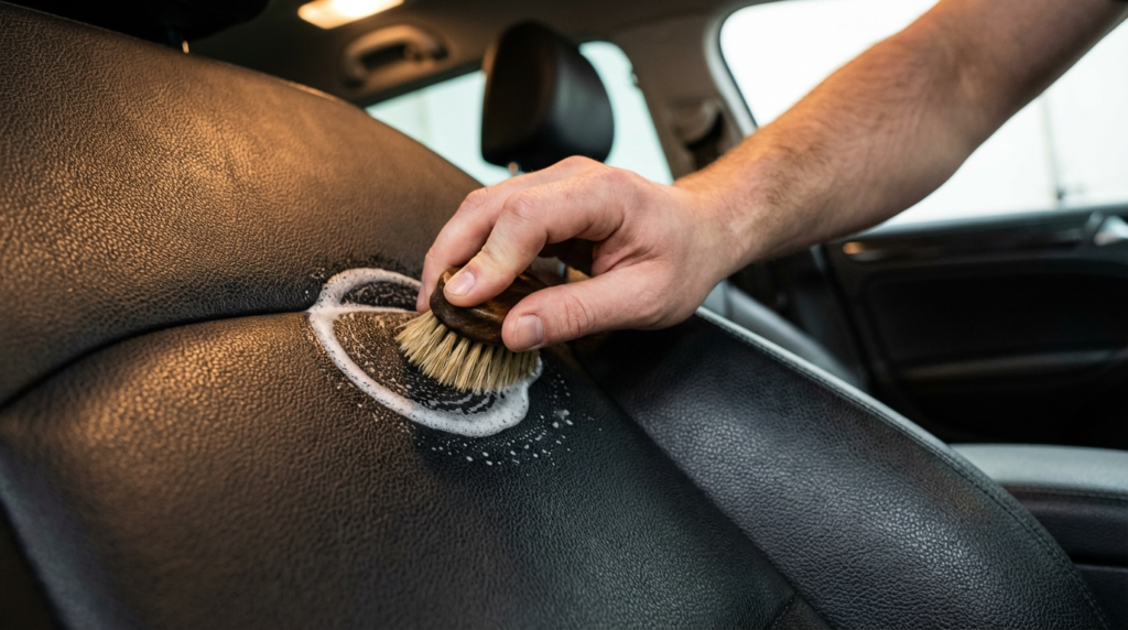 Hand brushes black vegan leather car seat with cleaning foam.