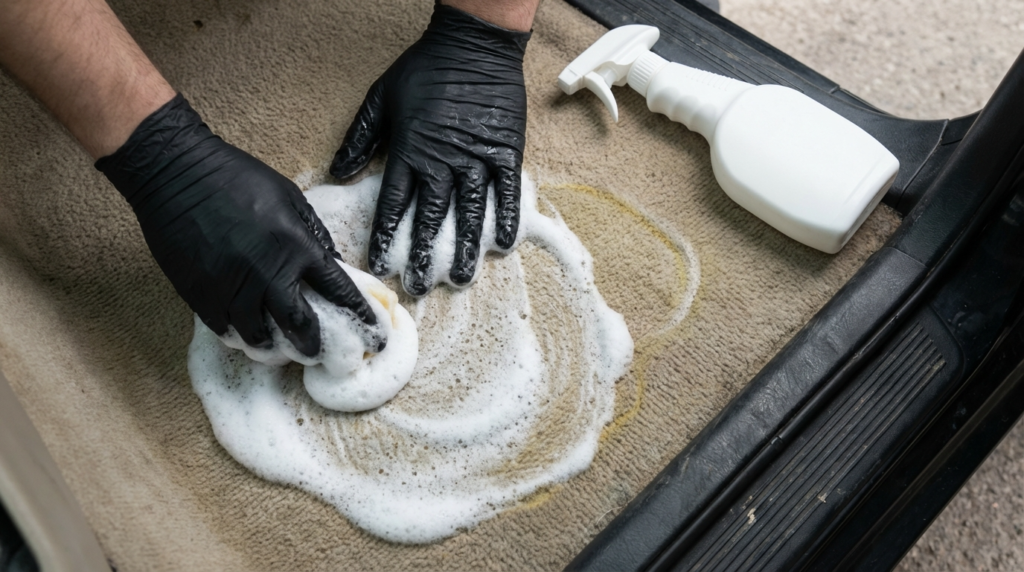 Gloves scrubbing dog pee stain on car carpet with cleaner.