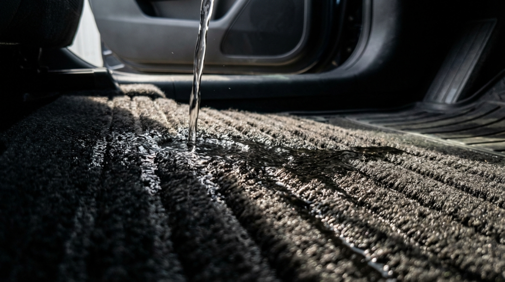 Water pouring onto a car floor mat, highlighting its absorbency