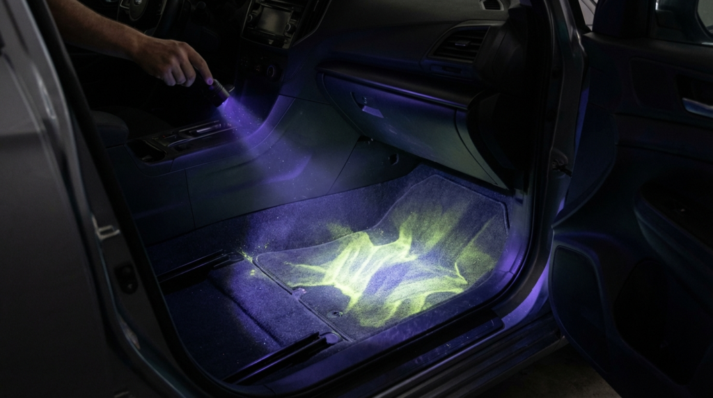 UV light reveals dog urine stains on car floor mats, showing need for enzymatic cleaner.