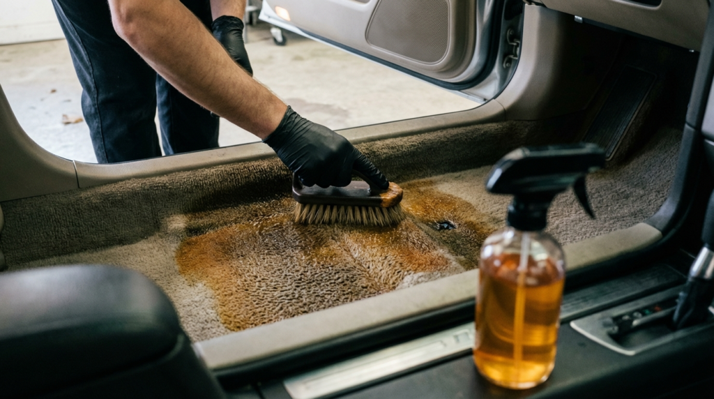 Car interior cleaning: Gloved hand scrubs dog pee stain on carpet with brush and cleaner.