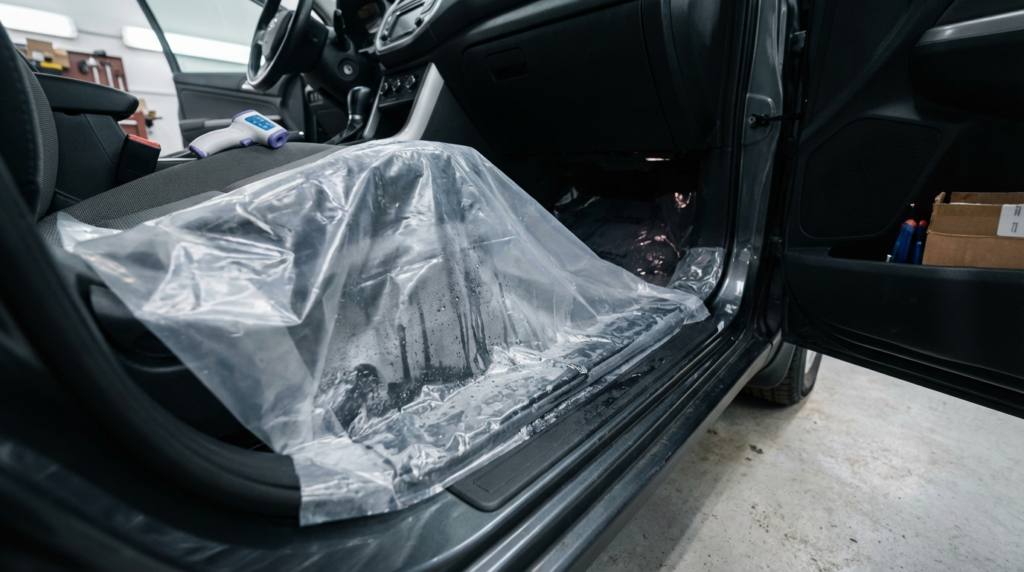 Car interior covered in plastic, ready for cleaning dog pee stains.